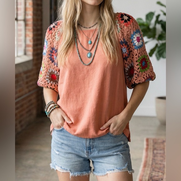 NWT UMGEE Boho Festival Hippie Granny Crochet Tile Linen Cotton Blend Top Shirt - Picture 7 of 8